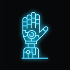 Blue neon sign of a robotic hand showing an open palm against a black background