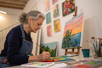 A woman is painting a picture of a sunset