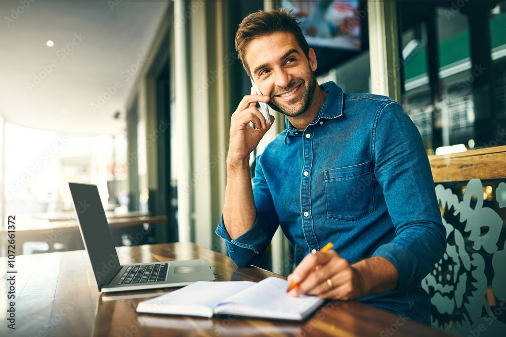Aufkleber Man, phone call and writing in notebook at coffee shop with listening, smile and networking with remote work. Person, writer and smartphone with notes, planning and review for project at cafeteria