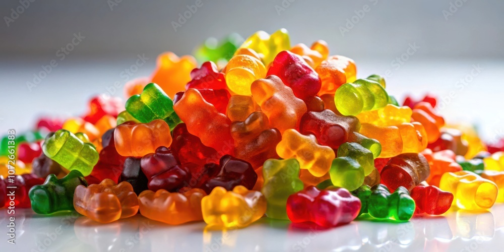 Poster a colorful assortment of gummy bears arranged in a heap, showcasing their vibrant hues and transluce