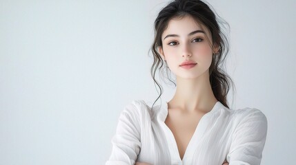 Fototapeta premium Striking Portrait of a Beautiful Girl Posing Elegantly Against a Soft Background, Exuding Confidence and Grace in a Minimalist Style