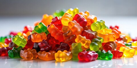 A colorful assortment of gummy bears arranged in a heap, showcasing their vibrant hues and translucent textures.