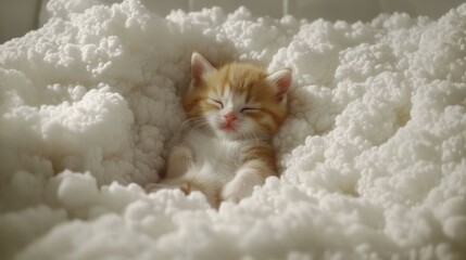 A kitten is sleeping in a pile of white fluffy material. The kitten is curled up and he is very comfortable