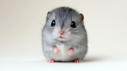 A small gray and white hamster is sitting on a white surface. The hamster has its paws up and is looking at the camera