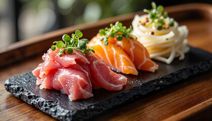 Gourmet sashimi trio on slate plate