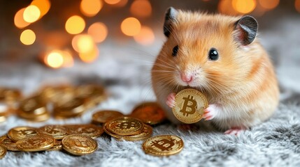 A hamster is holding a gold coin with the letter B on it. The hamster is surrounded by many gold coins, creating a scene of wealth and abundance