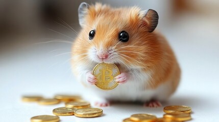 A hamster is holding a gold coin in its mouth. The hamster is surrounded by many gold coins, creating a sense of abundance and wealth