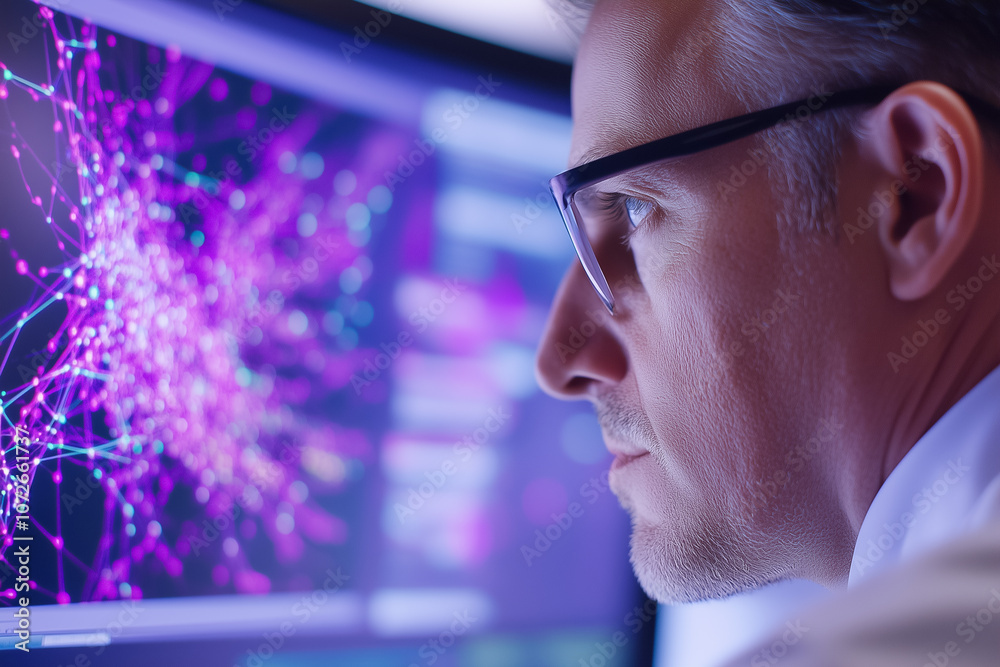 Poster a researcher focuses intently on vibrant data visualizations displayed on a computer screen in a lab