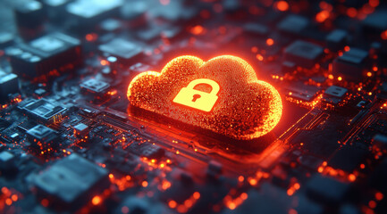 glowing orange cloud with padlock symbolizes digital security and data protection in technological environment. This illustration highlights importance of safeguarding information