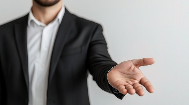 Confident Businessman with an Outstretched Empty Hand in Formal Attire, Ready to Engage or Collaborate in a Professional Setting