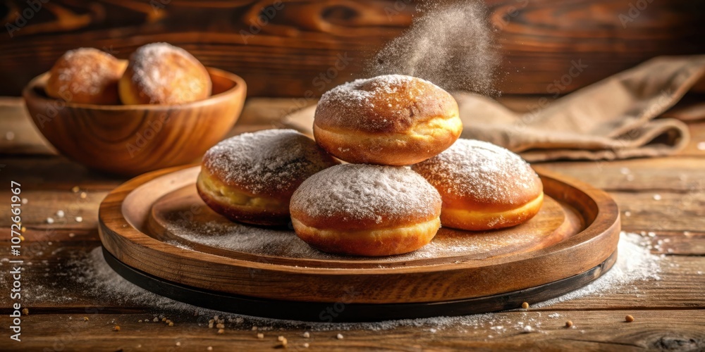 Poster a stack of freshly baked doughnuts coated in powdered sugar on a rustic wooden tabletop