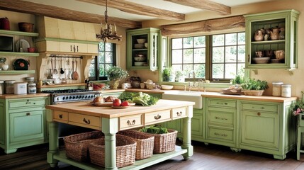 Elegant Green Kitchen with Natural Light and Wooden Accents