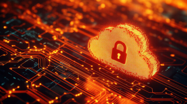 glowing cloud with padlock symbolizes digital security and data protection in vibrant, tech inspired environment. This evokes sense of safety in digital realm