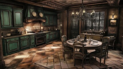 Rustic Kitchen Interior with Vintage Cabinets and Decor