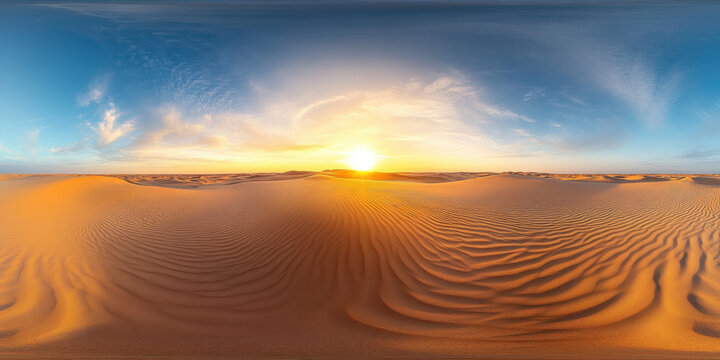 stunning 360 degree HDRI map captures vast sandy desert landscape at sunset, showcasing intricate patterns of dunes and warm glow of sun