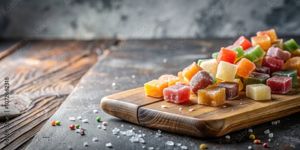 Poster a close-up of colorful gelatin candies on a wooden cutting board, scattered with sprinkles and a few
