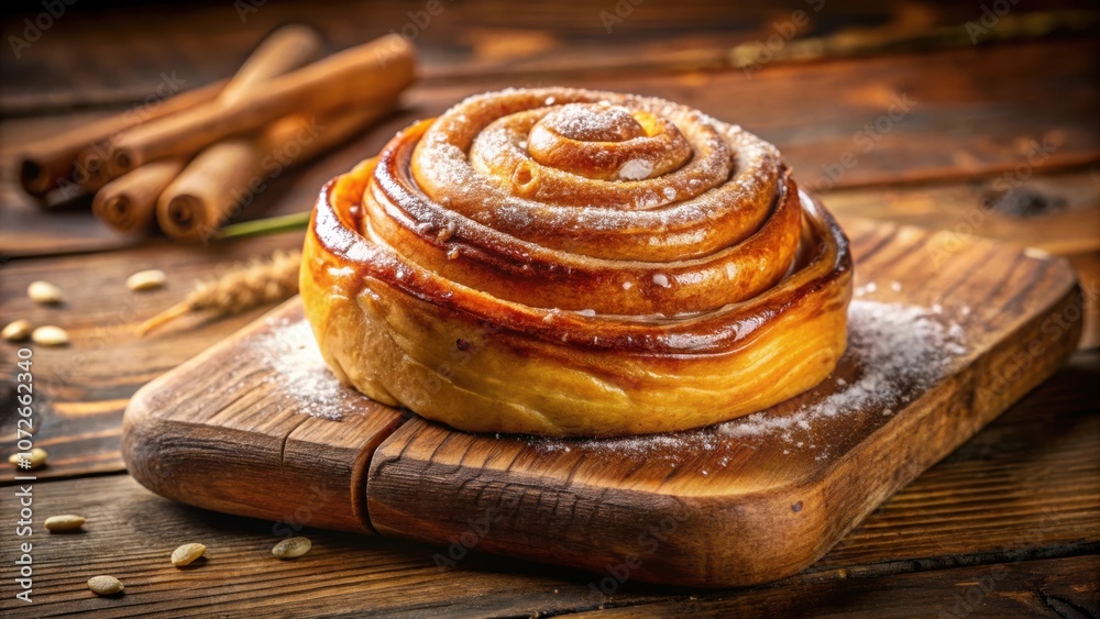 Poster a golden brown cinnamon roll dusted with powdered sugar, resting on a rustic wooden cutting board, s