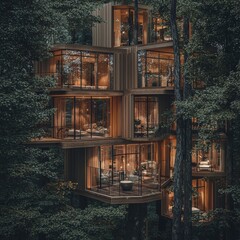 Large glass windows and a cozy design decorate this modern treehouse nestled in the trees.