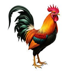 Fototapeta premium Golden rooster, of luck, prosperity, standing against transparent background. Rooster with red comb, wattle. Rooster with colorful feathers in green, orange, yellow, red. Image perfect for graphics,