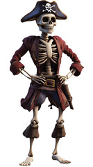 Obraz premium Funny skeleton pirate dressed in red jacket and blue pants, wearing a pirate hat. He stands confidently with hands on hips. The humorous character can be used for advertising, animation or design. Png