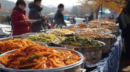 Obraz premium Colorful Display of Various Street Foods at Market