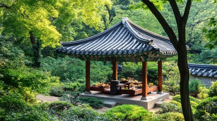 Obraz premium Traditional Pavilion Surrounded by Lush Greenery
