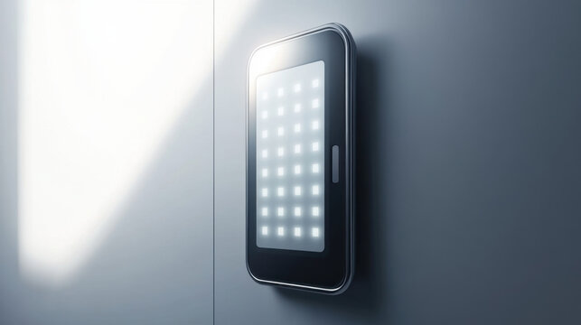 digital screen keypad with thumb scanner is mounted on wall, showcasing modern design. illuminated keypad features grid of lights, enhancing its futuristic appeal