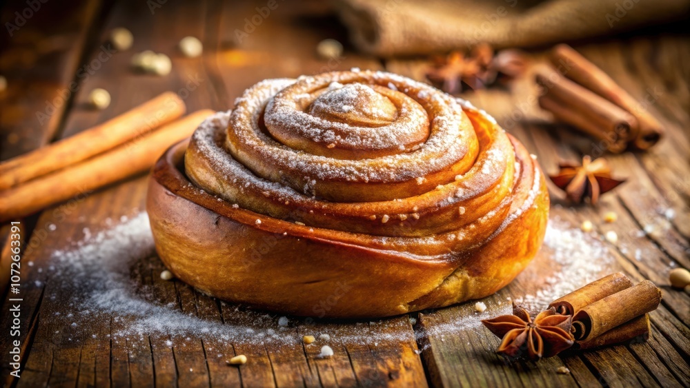 Poster a freshly baked cinnamon roll, dusted with powdered sugar, sits on a rustic wooden surface, surround