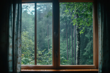 serene view through window showcasing raindrops on glass, surrounded by lush green trees and foliage. atmosphere evokes sense of calm and tranquility