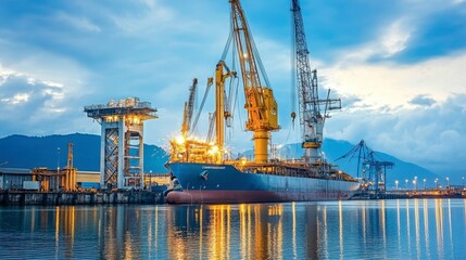 Naklejka premium Industrial Port Scene with Crane and Cargo Ship
