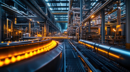 Fototapeta premium vibrant industrial operation showcasing advanced automation and intricate piping systems. scene is illuminated by warm lights, highlighting complexity and efficiency of machinery