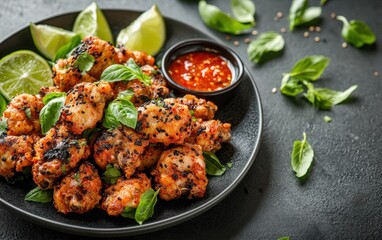 Fototapeta premium Close-up of crispy chicken wings on a black plate with lime wedges and basil.