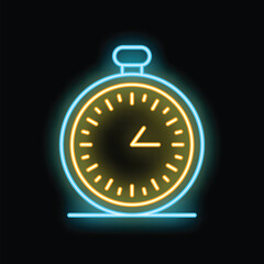 Neon icon of a pocket watch glowing yellow and blue on a black background