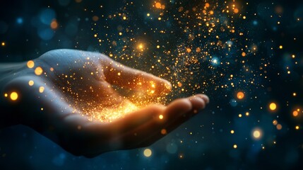 Hand holding glowing golden sparkles in a dark, magical atmosphere