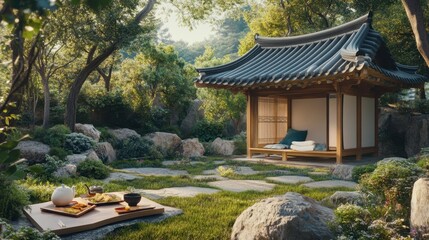 Obraz premium Serene Garden with Traditional Asian Architecture