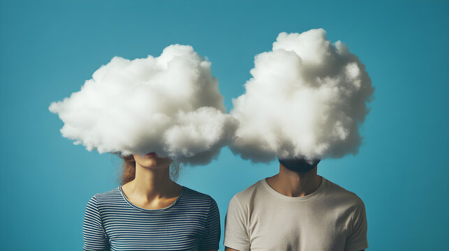 People wearing small, soft clouds on their heads like hats