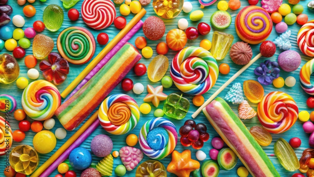 Poster a vibrant array of colorful candies and lollipops on a blue wooden background, capturing the essence