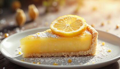 Lemon tart slice with fresh citrus on white plate
