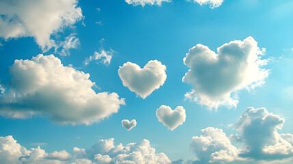 Multiple clouds forming heart shapes, scattered across the sky