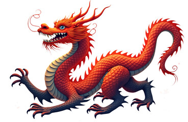Red Chinese dragon with claws, horns and a long tail. Fantasy creature isolated on isolated transparent background. Traditional Asian symbol, design element, logo, tattoo art. Alpha mask cut out png.