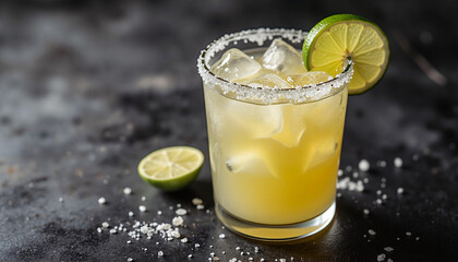 Refreshing margarita cocktail with lime slice on dark background