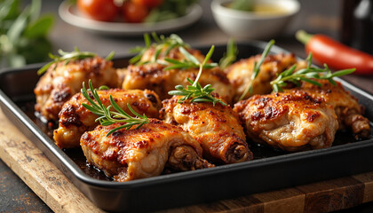 Fototapeta premium Roasted chicken thighs with rosemary on baking tray