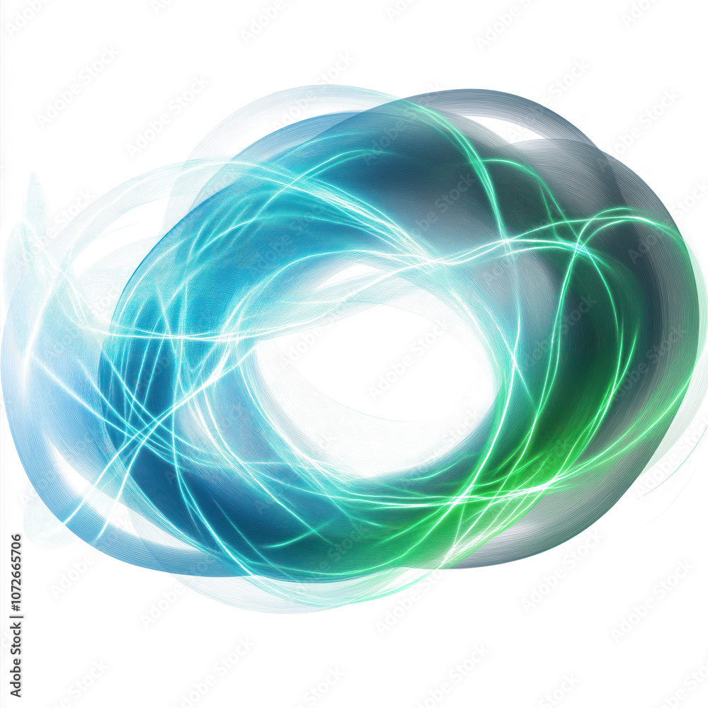 Poster Glowing blue and green light curves on transparent background. Abstract dynamic line effect. Futuristic neon design. Graphic art for tech, web and motion graphics. Isolated alpha mask cut out png.
