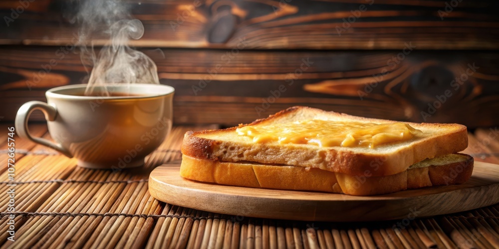 Poster A steaming cup of tea accompanied by a simple yet satisfying toast with a generous spread of golden spread on a rustic wooden surface.