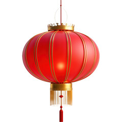 Red Chinese New Year lantern. Gold trim, red tassel. Decoration for holiday celebration. Festive symbol of East Asia culture. Light, lamp, oriental ornament. Transparent isolated background alpha mask