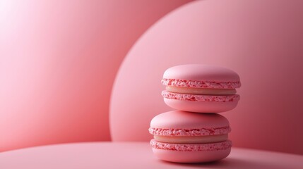 Minimalist stack of pink macarons on a pastel pink background