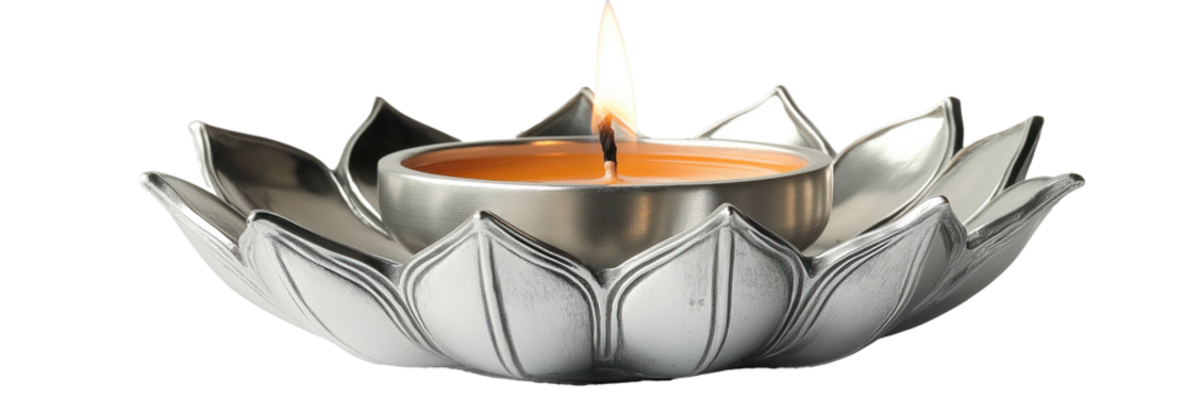 Silver lotus-shaped candle holder with burning candle. Intricate design. Festive decor. Ideal for Diwali celebration, meditation, yoga studio, home decor, spiritual practice. Transparent isolated png. - Powered by Adobe