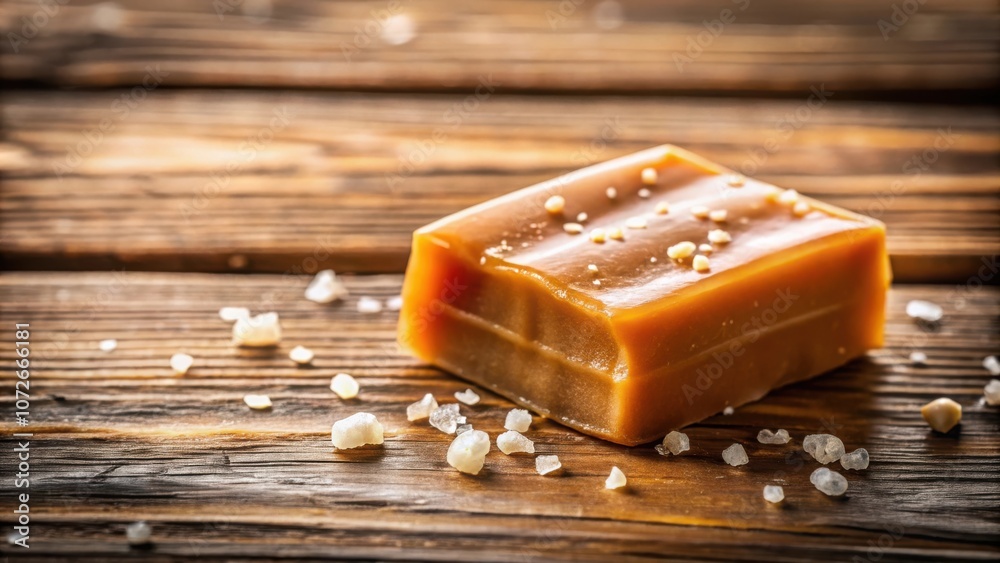 Poster a single piece of caramel with salt crystals scattered around it on a rustic wooden surface.