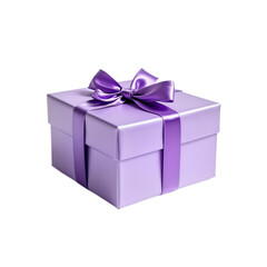 Obraz premium Gift box with purple satin ribbon bow. Present wrapped with lilac color paper. Simple elegant design for birthday, wedding or anniversary celebration. Present box isolated on white backdrop. Cut out.