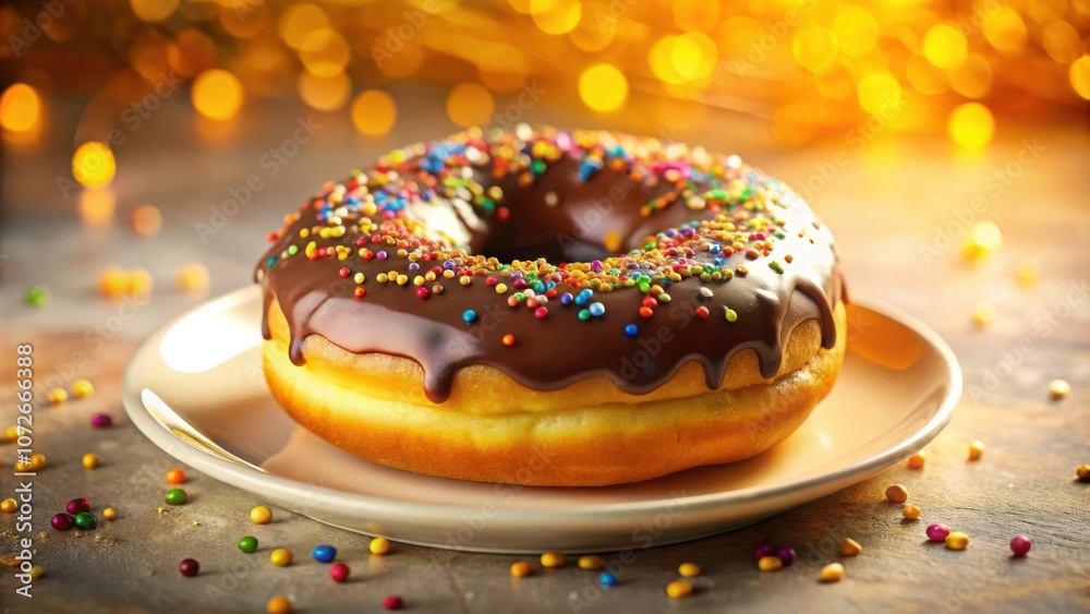 Poster a single chocolate glazed donut with sprinkles, sitting on a plate against a bokeh background